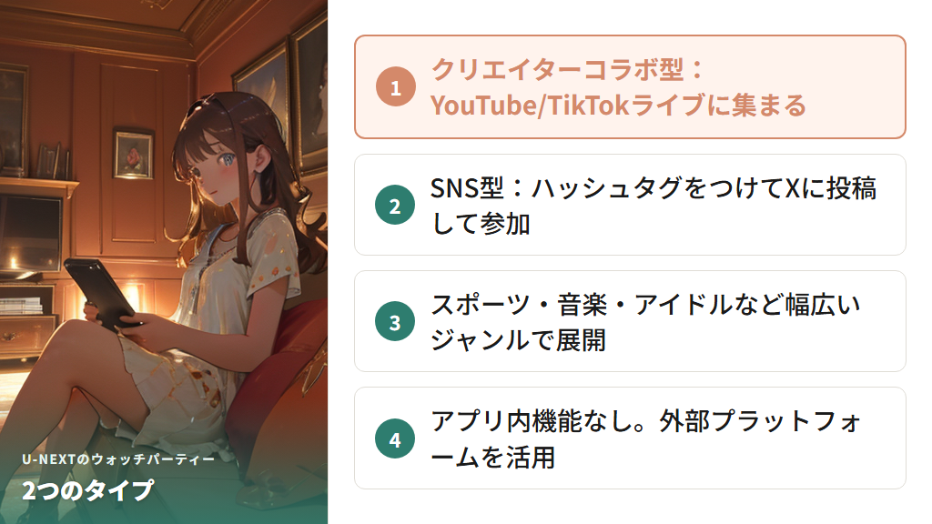 U-NEXTのウォッチパーティーの2種類（SNS型とクリエイターコラボ型）