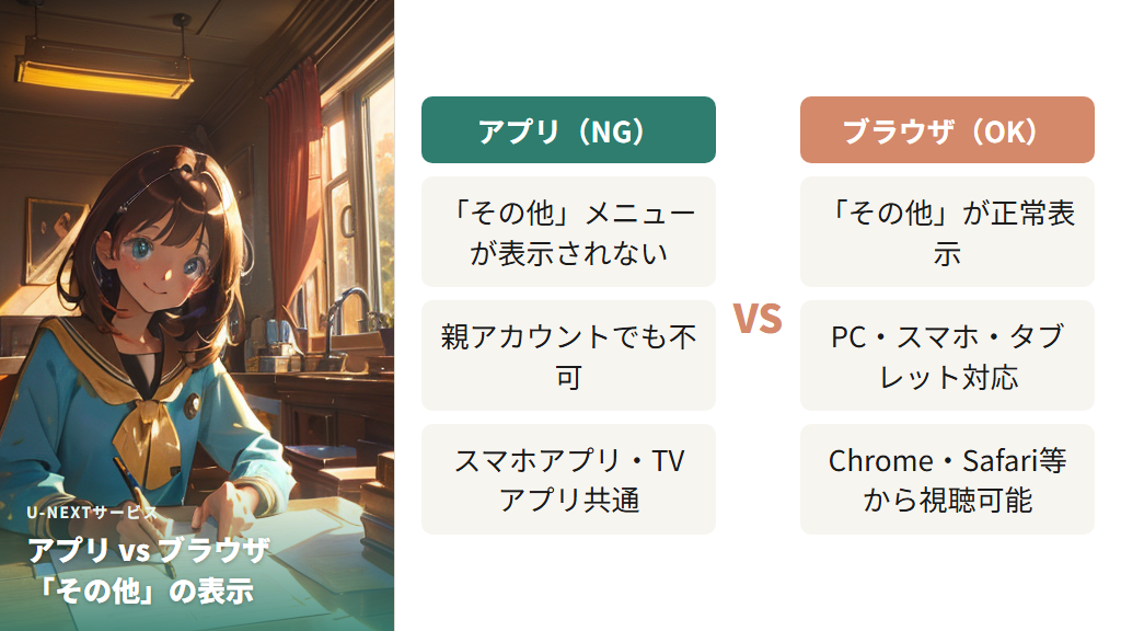 U-NEXTの「その他」はアプリでは見れない:ブラウザへの切替方法