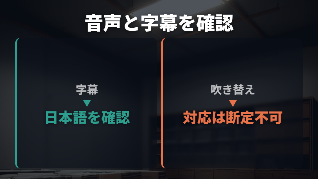 日本語字幕は確認できるが日本語吹き替えは断定できない