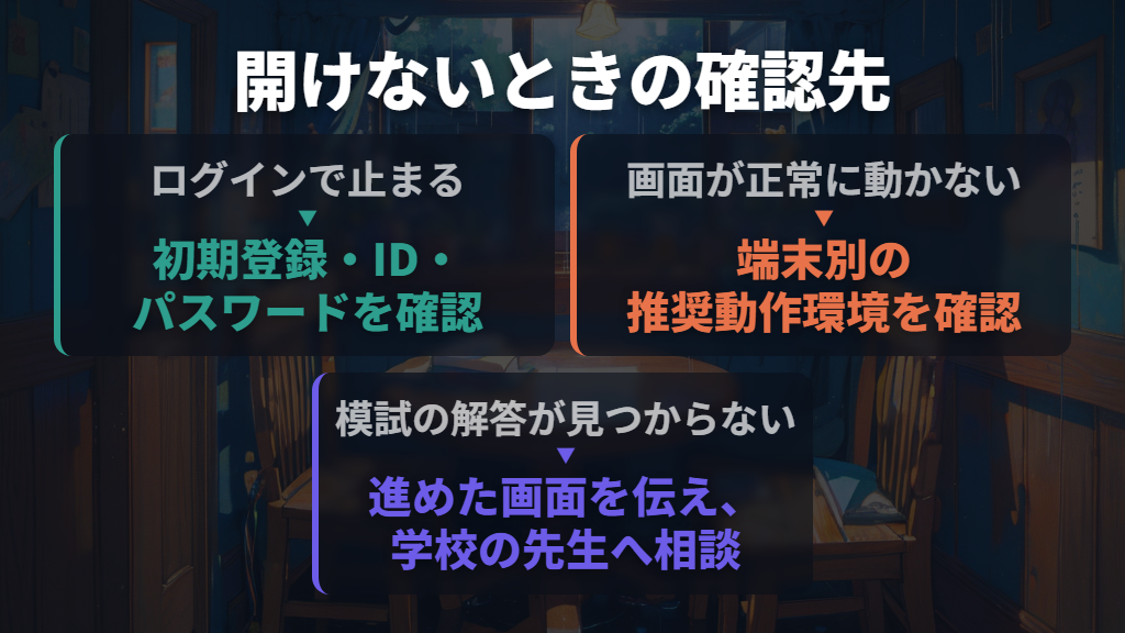 解答が開けないときは入力・動作環境・学校の案内を確認